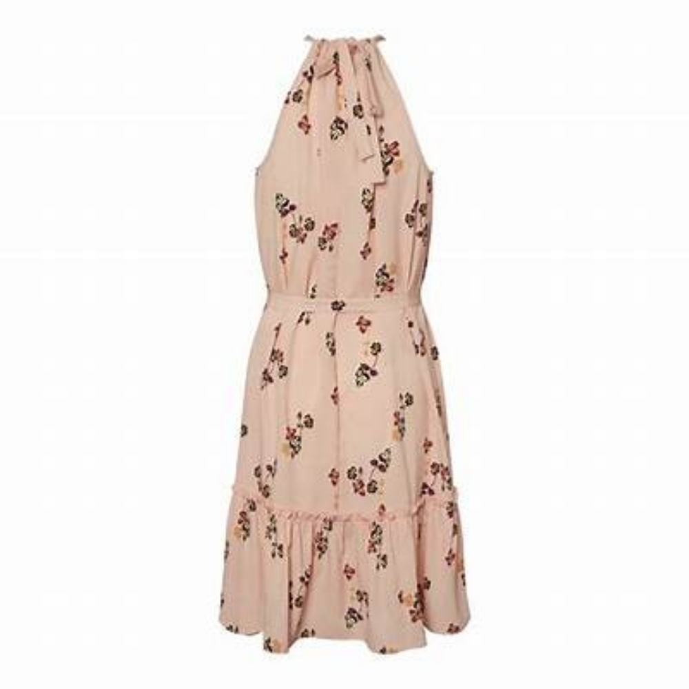 NEW Vero Moda Floral Tie Halter Dress Belted Pink Shift Ruffle Flounce Size XS - Picture 2 of 14